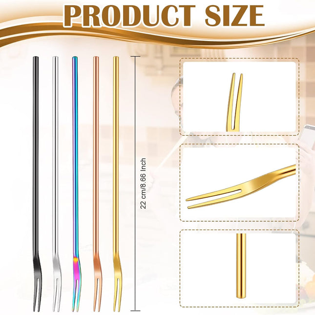 5 Pcs Pickle Fork, 8.66 Inches Long Handle Olive Fork 304 Stainless Steel Picker Grabber Tool for Jar Cocktail Dessert Fruit, 2 Prong(Multicolor) Multicolor -.
