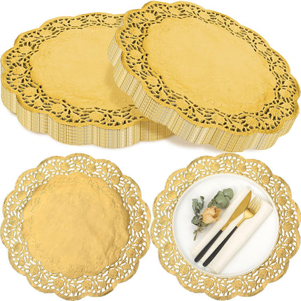 200 Pcs Doilies Lace Paper 14 Inches Disposable Foil Placemats Large Round Pad for Cakes Crafts Wedding Birthday Party Decoration(Gold) Gold -.