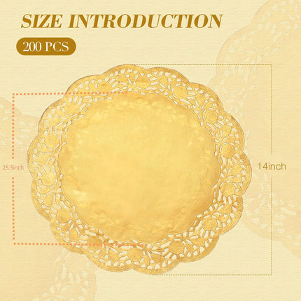200 Pcs Doilies Lace Paper 14 Inches Disposable Foil Placemats Large Round Pad for Cakes Crafts Wedding Birthday Party Decoration(Gold) Gold -.