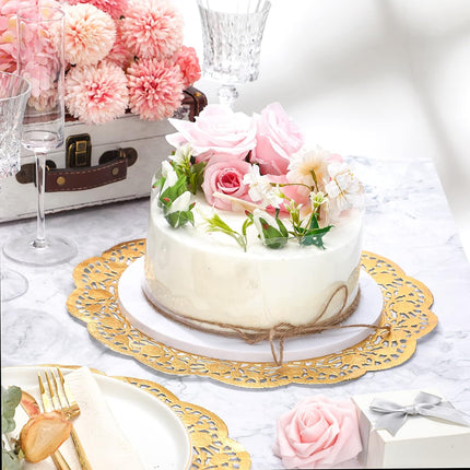 200 Pcs Doilies Lace Paper 14 Inches Disposable Foil Placemats Large Round Pad for Cakes Crafts Wedding Birthday Party Decoration(Gold) Gold -.