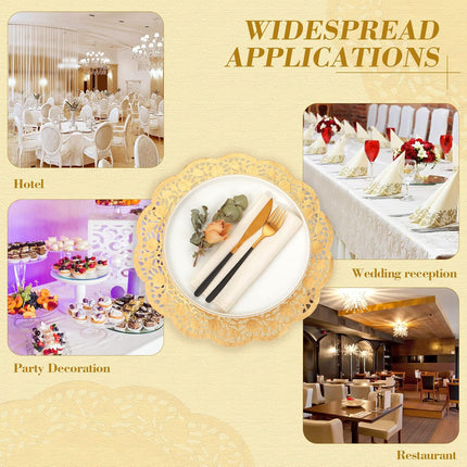 200 Pcs Doilies Lace Paper 14 Inches Disposable Foil Placemats Large Round Pad for Cakes Crafts Wedding Birthday Party Decoration(Gold) Gold -.