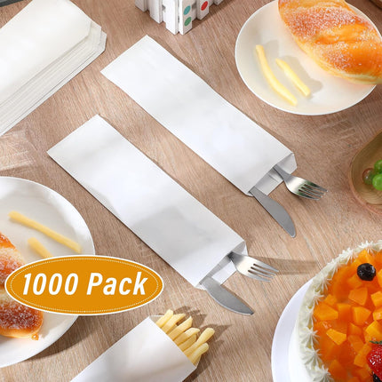 1000 Pieces White Silverware Bags Churro 3 x 10 Inch Kraft Sleeves Paper Utensil for Kitchen Cutlery Oilproof Pretzel Rod Cookies Bakery Treats -.