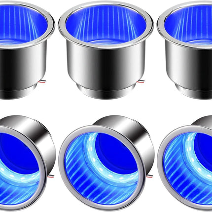 6 Pcs LED Cup Holder Marine Drink Stainless Steel Holders Insert with Drain for Boat Yacht Car Camper Truck RV(Blue) blue -.