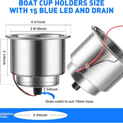 6 Pcs LED Cup Holder Marine Drink Stainless Steel Holders Insert with Drain for Boat Yacht Car Camper Truck RV(Blue) blue -.