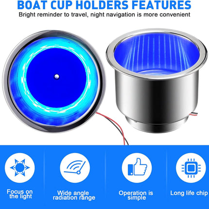 6 Pcs LED Cup Holder Marine Drink Stainless Steel Holders Insert with Drain for Boat Yacht Car Camper Truck RV(Blue) blue -.