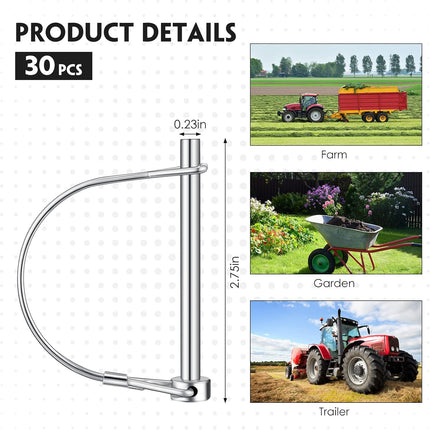 30 Pcs Trailer Hitch Pin Lock, 2-3/4" x 1/4" Pto Shaft Locking Safety Coupler Pin, Carbon Steel, Arch, Heavy Duty, for Farm Trailers, Towing, Wagons, Lawn Equipment and Hitches -.