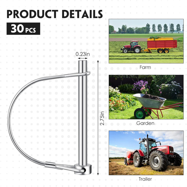 30 Pcs Trailer Hitch Pin Lock, 2-3/4" x 1/4" Pto Shaft Locking Safety Coupler Pin, Carbon Steel, Arch, Heavy Duty, for Farm Trailers, Towing, Wagons, Lawn Equipment and Hitches -.