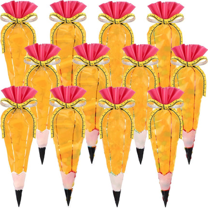 100 Pcs 5.12" x 9.84" Back to School Pencil Gift Bags Cone Popcorn Plastic Clear Treat Candy with Ribbon for Classroom Welcome First Day of Teacher Appreciation -.