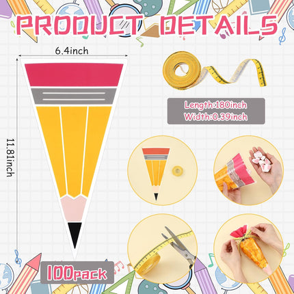 100 Pcs 5.12" x 9.84" Back to School Pencil Gift Bags Cone Popcorn Plastic Clear Treat Candy with Ribbon for Classroom Welcome First Day of Teacher Appreciation -.