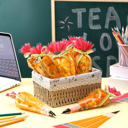 100 Pcs 5.12" x 9.84" Back to School Pencil Gift Bags Cone Popcorn Plastic Clear Treat Candy with Ribbon for Classroom Welcome First Day of Teacher Appreciation -.