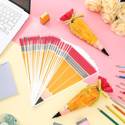 100 Pcs 5.12" x 9.84" Back to School Pencil Gift Bags Cone Popcorn Plastic Clear Treat Candy with Ribbon for Classroom Welcome First Day of Teacher Appreciation -.