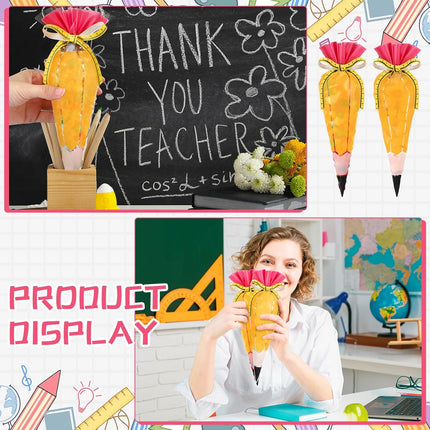 100 Pcs 5.12" x 9.84" Back to School Pencil Gift Bags Cone Popcorn Plastic Clear Treat Candy with Ribbon for Classroom Welcome First Day of Teacher Appreciation -.