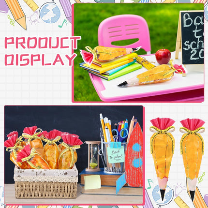 100 Pcs 5.12" x 9.84" Back to School Pencil Gift Bags Cone Popcorn Plastic Clear Treat Candy with Ribbon for Classroom Welcome First Day of Teacher Appreciation -.