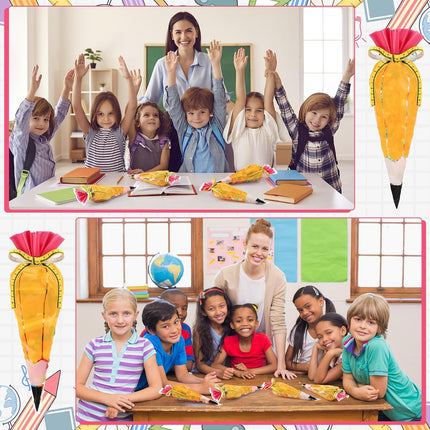 100 Pcs 5.12" x 9.84" Back to School Pencil Gift Bags Cone Popcorn Plastic Clear Treat Candy with Ribbon for Classroom Welcome First Day of Teacher Appreciation -.