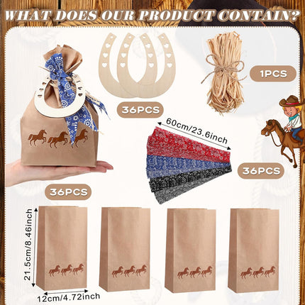 108 PCS Western Cowboy Gift Bags Party Favors With Bandana Print Ribbon and Horseshoe Pendant Treat for Birthday Supplies -.