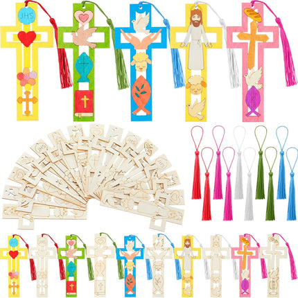 200 Pcs Religious Easter Wooden Cross Bookmarks Craft Kit, 100 Set Blank Crafts Bulk for DIY Sunday School First Communion, Baptism, Church Favors, Unfinished Wood Crosses with Tassels -.