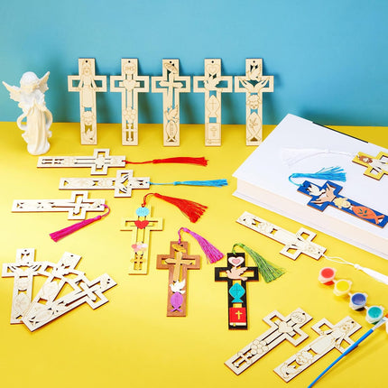 200 Pcs Religious Easter Wooden Cross Bookmarks Craft Kit, 100 Set Blank Crafts Bulk for DIY Sunday School First Communion, Baptism, Church Favors, Unfinished Wood Crosses with Tassels -.