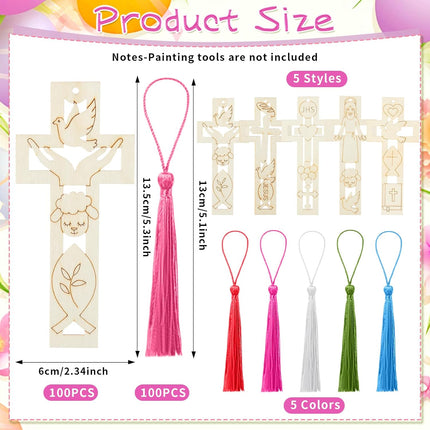 200 Pcs Religious Easter Wooden Cross Bookmarks Craft Kit, 100 Set Blank Crafts Bulk for DIY Sunday School First Communion, Baptism, Church Favors, Unfinished Wood Crosses with Tassels -.