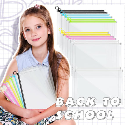 14 Pcs Back to School Clear Plastic Zip Envelope A4 Zipper Document Folder 13 x 9.7In File Expanding Pouch for Paper Pencil Storage Office Supplies (Stylish Colors) Stylish Colors -.