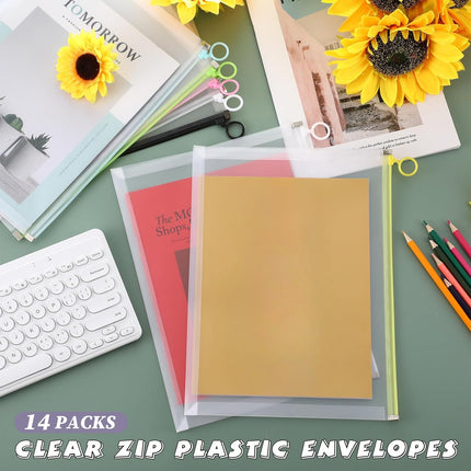 14 Pcs Back to School Clear Plastic Zip Envelope A4 Zipper Document Folder 13 x 9.7In File Expanding Pouch for Paper Pencil Storage Office Supplies (Stylish Colors) Stylish Colors -.