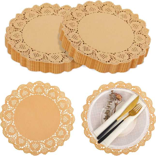 600 Pcs Round Kraft Paper Doilies, 12 Inch Disposable Lace Placemats, Rustic Scallop Doily Table Pads for Wedding, Birthday Party, Food, Cakes, Oil-Proof, Reusable Tableware Decor(Brown) Brown -.