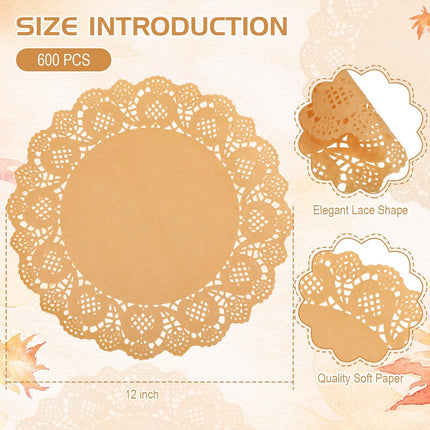 600 Pcs Round Kraft Paper Doilies, 12 Inch Disposable Lace Placemats, Rustic Scallop Doily Table Pads for Wedding, Birthday Party, Food, Cakes, Oil-Proof, Reusable Tableware Decor(Brown) Brown -.