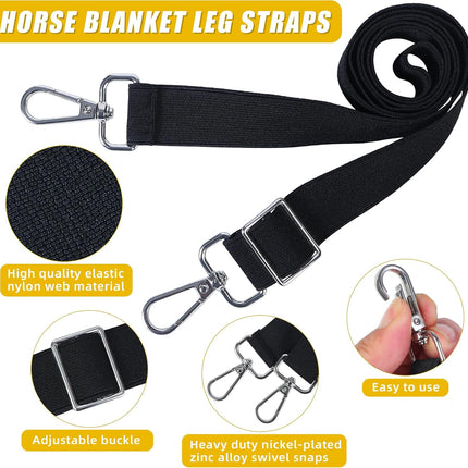 Horse Blanket Leg Straps, Elastic Belly Replacement Straps with Metal Double Swivel Snaps, 4 Pieces, Adjustable Length from 25.5" to 51".