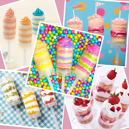 80 pcs Round Shape Clear Push-Up Cake Pop Shooter (Push Up Pops) Plastic Containers with Lids, Base & Sticks.