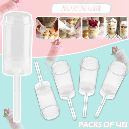 40 pcs Round Shape Clear Push-Up Cake Pop Shooter (Push Up Pops) Plastic Containers with Lids, Base & Sticks.