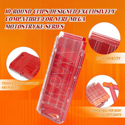10 Darts Quick Reload Clips Compatible for Nerf Mega Motostryke Blaster Foam Dart Magazines Enhanced Blasting Fun Kids (Translucent Red).