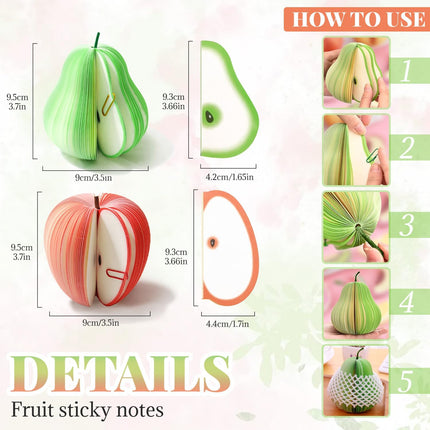 2 Pack 3D Fruit Shaped Non-Sticky Notes, Apple & Pear Sticky Memo Pads, Creative Desk Decoration Notebooks for Office, School, Planner, Journal, Prezzie.