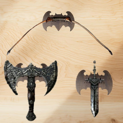Walnut Solid Wood Sword Wall Rack - Bat-Shaped Mount Storage Display Stand for Swords/Bows/Axes/Daggers Universal Wall-Mounted Holder with Adjustable Hook.