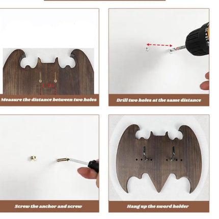 Walnut Solid Wood Sword Wall Rack - Bat-Shaped Mount Storage Display Stand for Swords/Bows/Axes/Daggers Universal Wall-Mounted Holder with Adjustable Hook.