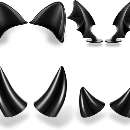 4 Pairs Helmet Devil Horns Motorcycle Accessories Cat Ears Wings with Adhesive Suction Cup Ski Bike for Women Men, Black.