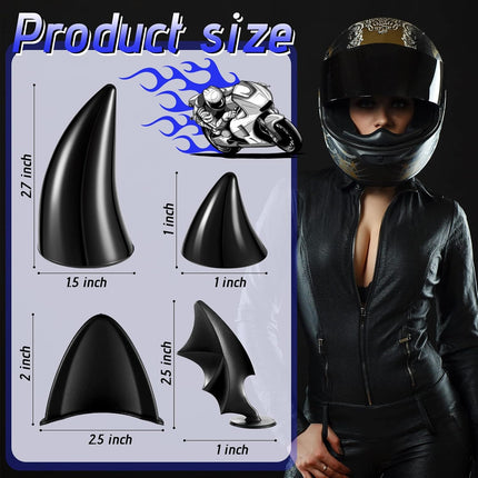 4 Pairs Helmet Devil Horns Motorcycle Accessories Cat Ears Wings with Adhesive Suction Cup Ski Bike for Women Men, Black.