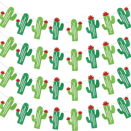 4 Pcs Cactus Banner Garland, Green Glittery Fiesta Mexican Themed Party Decorations for Birthday Supplies Cinco De Mayo Home Classroom Decor.