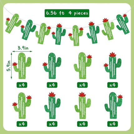 4 Pcs Cactus Banner Garland, Green Glittery Fiesta Mexican Themed Party Decorations for Birthday Supplies Cinco De Mayo Home Classroom Decor.