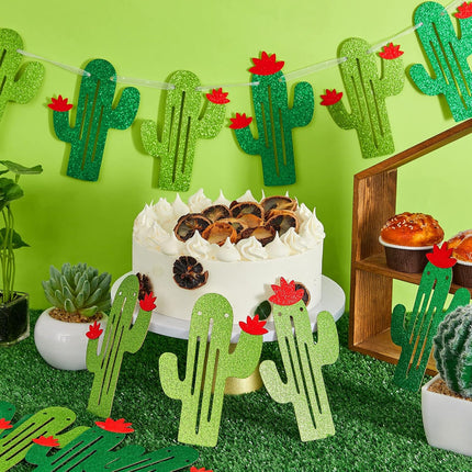 4 Pcs Cactus Banner Garland, Green Glittery Fiesta Mexican Themed Party Decorations for Birthday Supplies Cinco De Mayo Home Classroom Decor.