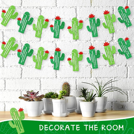 4 Pcs Cactus Banner Garland, Green Glittery Fiesta Mexican Themed Party Decorations for Birthday Supplies Cinco De Mayo Home Classroom Decor.