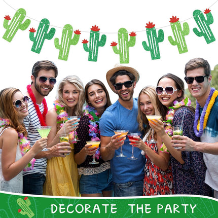 4 Pcs Cactus Banner Garland, Green Glittery Fiesta Mexican Themed Party Decorations for Birthday Supplies Cinco De Mayo Home Classroom Decor.