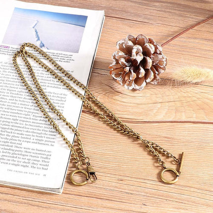 T Bar Pocket Watch Chain, Antique Style Double Albert Chain 44cm Classic Curb Link Key Chain(Bronze).