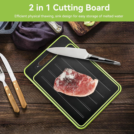 2 in 1 Defrosting Tray, Defrost Cutting Board with Knife Sharpener, Thawing Tray for Frozen Meat, Double Sided Sharpener.