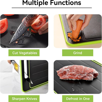 2 in 1 Defrosting Tray, Defrost Cutting Board with Knife Sharpener, Thawing Tray for Frozen Meat, Double Sided Sharpener.