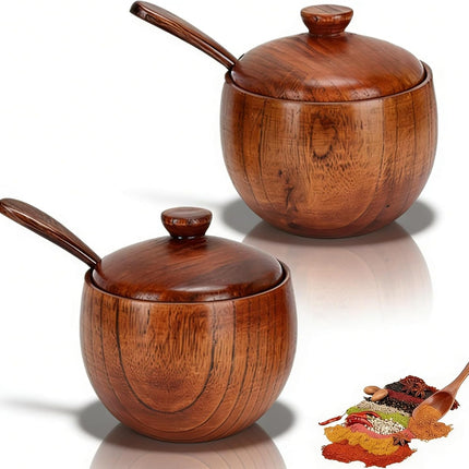 2 Pack Sugar Bowl with Lid and Spoon, Coffee Container Set Wooden Condiment Pot Decorative Storage Seasoning for Bar Table, Kitchen, Countertop.