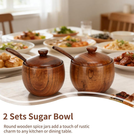 2 Pack Sugar Bowl with Lid and Spoon, Coffee Container Set Wooden Condiment Pot Decorative Storage Seasoning for Bar Table, Kitchen, Countertop.