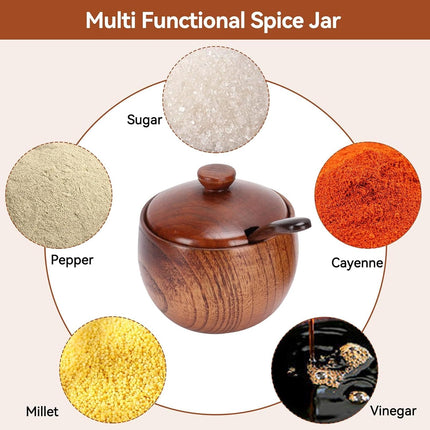 2 Pack Sugar Bowl with Lid and Spoon, Coffee Container Set Wooden Condiment Pot Decorative Storage Seasoning for Bar Table, Kitchen, Countertop.