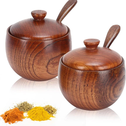 2 Pack Sugar Bowl with Lid and Spoon, Coffee Container Set Wooden Condiment Pot Decorative Storage Seasoning for Bar Table, Kitchen, Countertop.