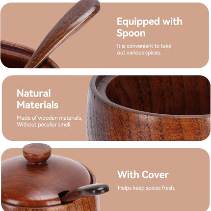 2 Pack Sugar Bowl with Lid and Spoon, Coffee Container Set Wooden Condiment Pot Decorative Storage Seasoning for Bar Table, Kitchen, Countertop.
