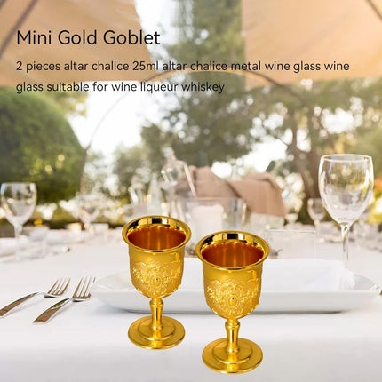 Mini Gold Goblet, 2PCS Altar Chalice 25ml Holy Metal Shot Glasses Wine Cup Medieval Goblet for Liqueur Whiskey, 1.5 x 2.7in.
