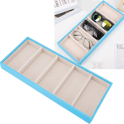 Glasses Organizer Jewelry Tray, 5 Grids Leather Eyeglass Storage Case Sunglass Display Tray and Watch Collection Organizer(Light Blue).
